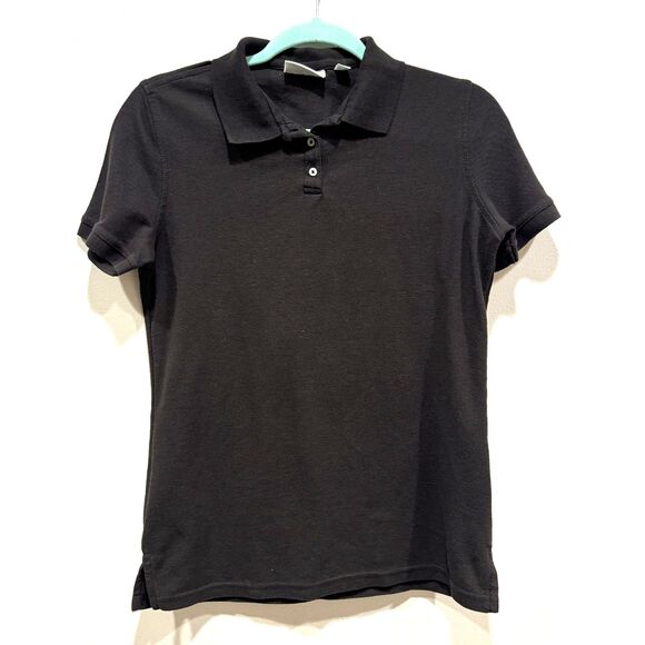 Polo Short Sleeve Black Collared Shirt Cotton Plain Basic Work Womens sz Small - Picture 1 of 7